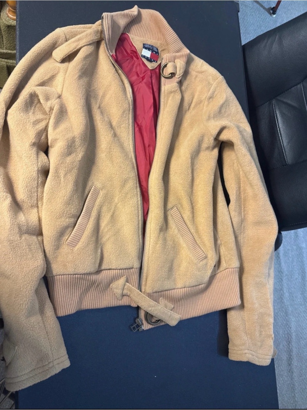 Tommy Hilfiger Y2K Camel Fleece Bomber Jacket with Red Lining
